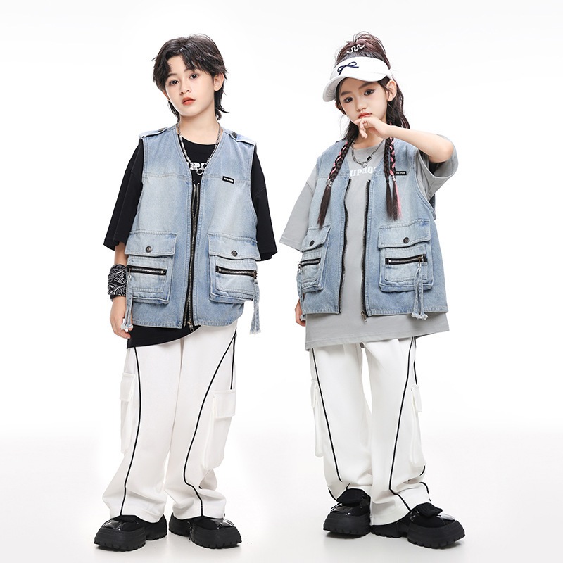 キッズヒップホップクールデニムベストセット 男女兼用 少儿リラックス演出服