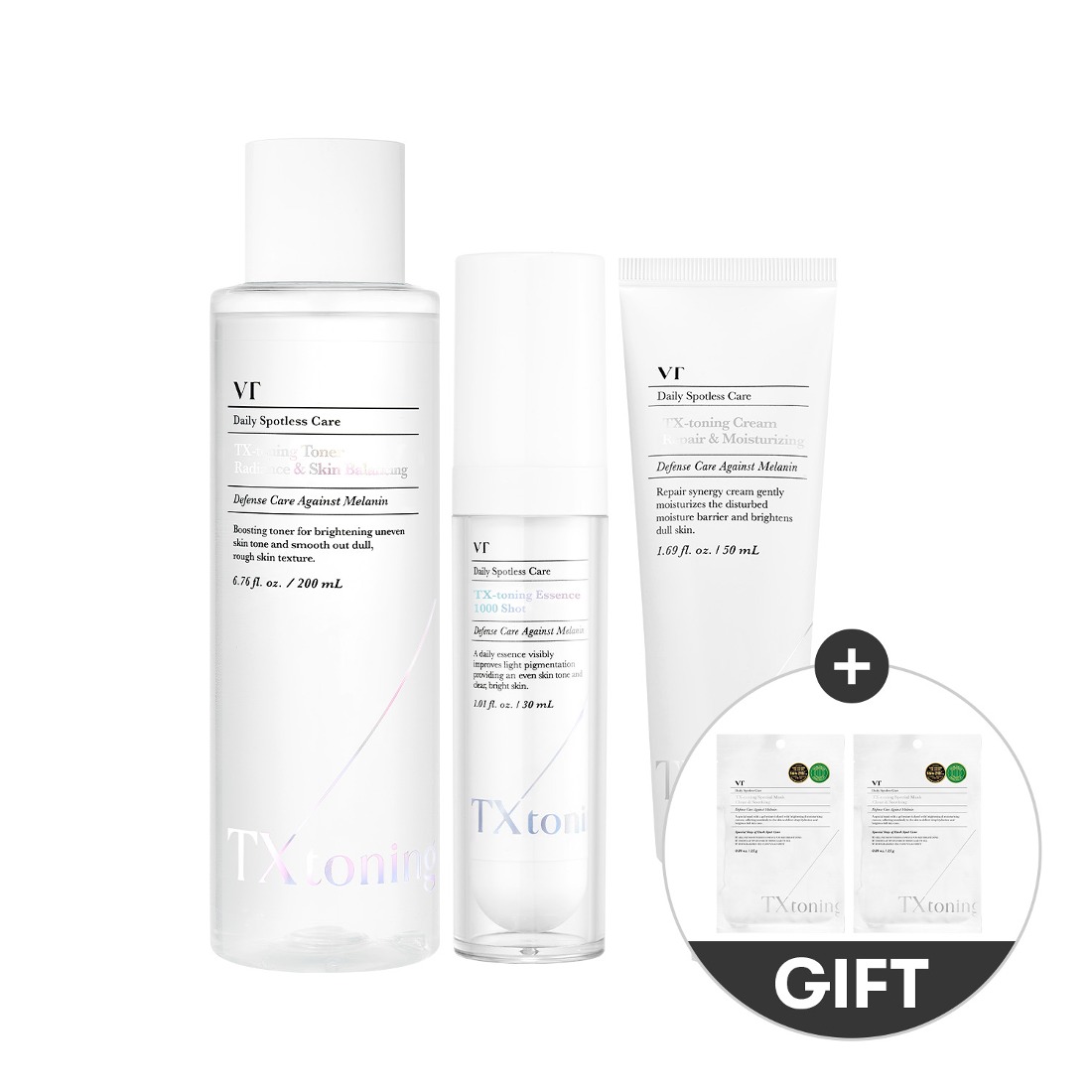 ティーエックストーニングトナー200ml + エッセンス1000ショット30ml + クリーム50ml + フェイスパック2個