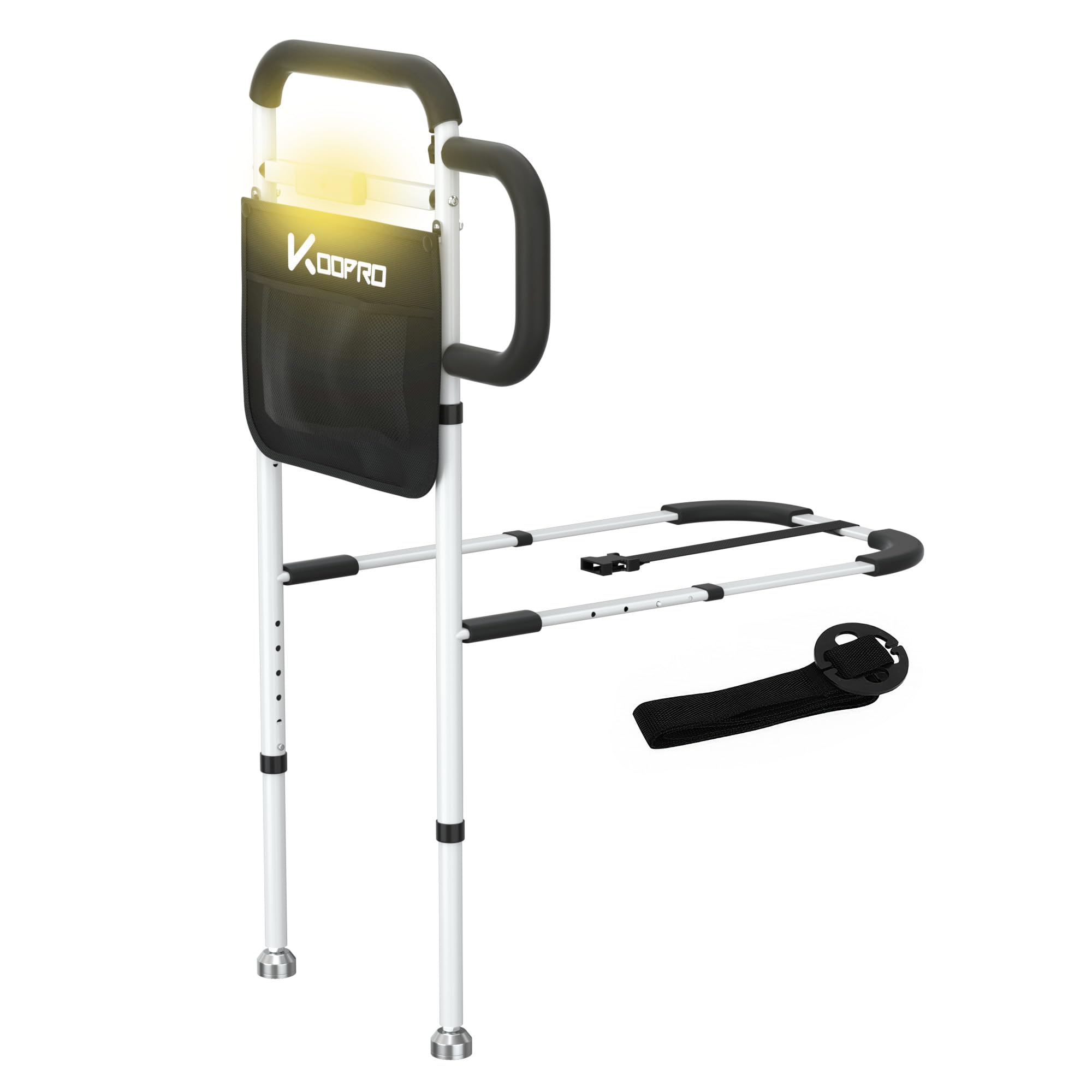 ベッドガード サポ-ト脚 人感センサーライト付き ダブル手すり 長さ 高さ調節可能 転落防止 柵 立ち上がり補助器具 ストラップ 小物整理バッグ付き 安定性 大人 高齢者 介護用 日本語説明書付き