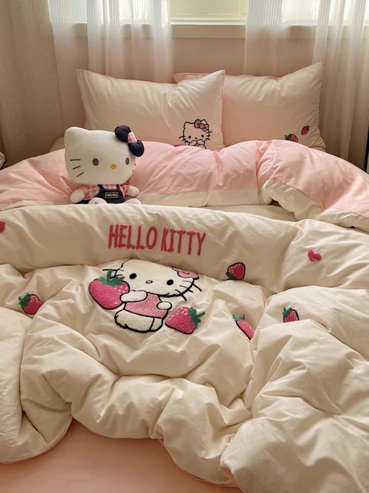 かわいいピンクのハロー4点コットンキルトカバーシートドミトリーベッド3点セットhello Kt布団カバー