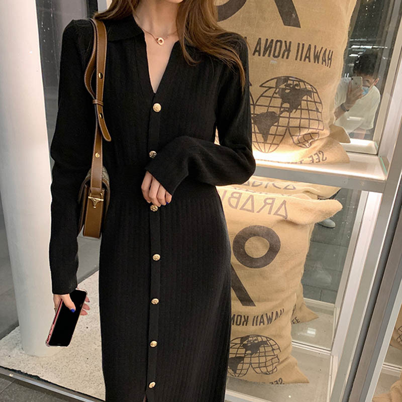 ワンピース スカート リブ ニット ミニ丈 ショート 膝下 長袖 スクエアネック 襟あり スリム タイト ストレート 前開き フロントボタン ブラック ブルー ホワイト ピンク 春 秋 レディース