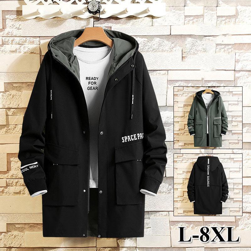 【2枚200/円OFF】トレンチコート メンズ 春秋冬 ロング丈 アウターフード付き オシャレプリントライトアウター ジップアップ 通学 通勤 ビジネスコートゆったりトレンチコート メンズ