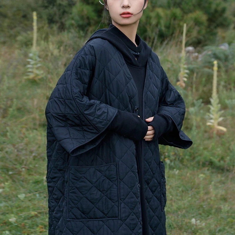 キルティングジャケット 黒 チャイナ風アウター ノーカラーコート 中綿コート レディース 無地 ロングコート 秋冬 あったか