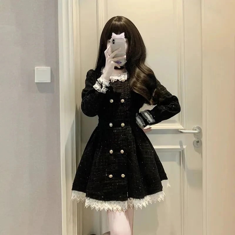 ある黒ワンピース秋冬 韓国ファッション 高級感 新作フリルワンピース パーティードレス