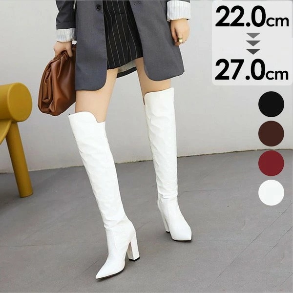 ロングブーツ レディース ハイヒール 黒 白 赤 ヒール10cm 太ヒール ブーツ ウエスタン 美脚 ポインテッドトゥ カジュアル シューズ 靴 秋 冬 春 20代 30代 40代 ホワイト ブラウン