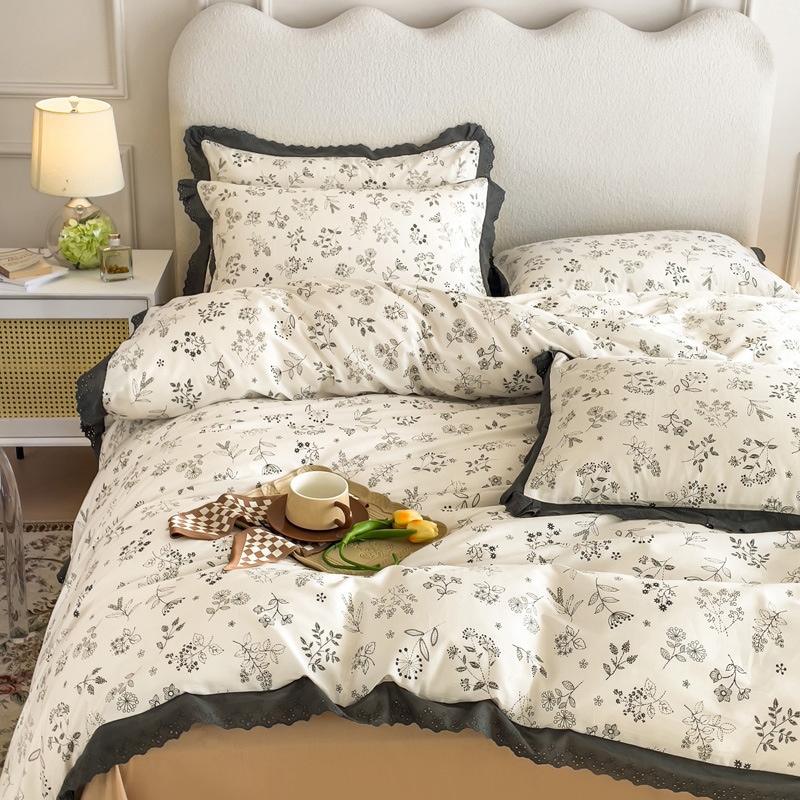フランスの牧歌的なスタイルコットン4ピースセットセット100ピュアコットンプリントキルトカバードミトリーベッドリネンベッド4ピースセット1.8
