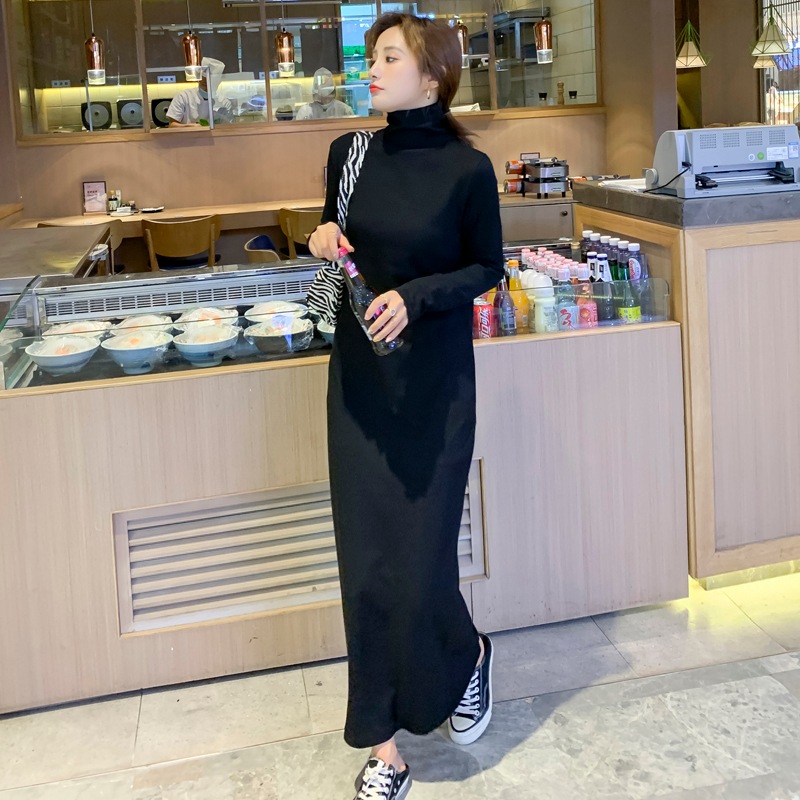 ワンピース ロング ロング丈 袖あり 長袖 萌袖 ハイネック タートルネック 襟なし ストレート Iライン 伸縮性 綿 厚手 かわいい 大人可愛い シンプル カジュアル 大人 おしゃれ お洒落