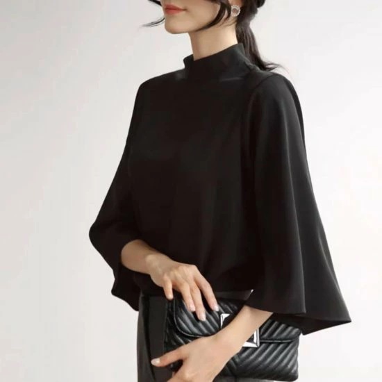 シフォンブラウス レディース 七分袖 ベルスリーブ ハイネック スタンドカラー 長袖 ブラウス シャツ レトロ クラシカル 2color きれいめ エレガント 上品 オフィス パーティー おしゃれ