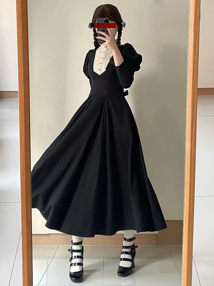 2026新作 ロリータ 修道院テイスト 長袖 ウエスト絞り スリムシルエット こだわりデザイン ワンピース