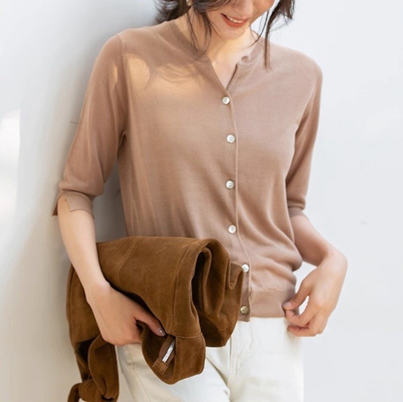 レディース トップス カーディガン サマーセーター サマーニット 5分袖 キーネック スリム スマート フェミニン 前開き ボタン かわいい 大人可愛い きれいめ シンプル 上品 おしゃれ こなれ感