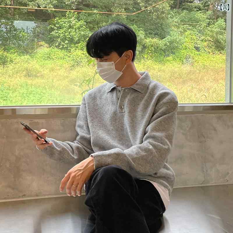 ポロシャツ メンズ セーター ニット 韓国 カジュアル 秋冬 トップス 長袖 グレー ブラック カーキ