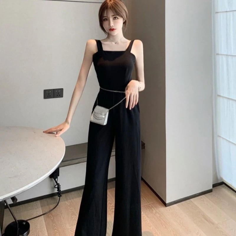 ハイウエストウエストバッグ付き女性用バックレスワイドレッグパンツサマーサスペンダーハイエンドサスペンダージャンプスーツ