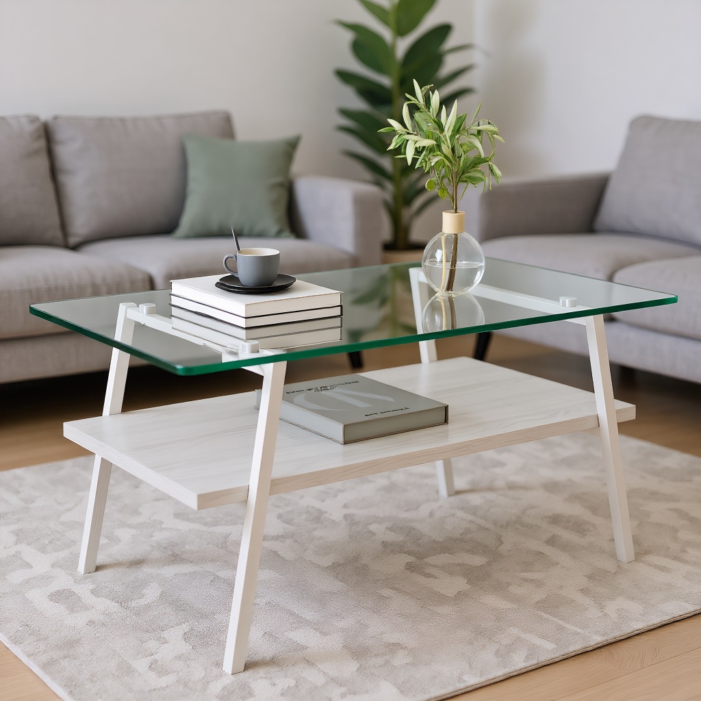 モダン長方形ガラステーブル コーヒーテーブル 強化ガラス天板 MDF収納棚板付き ローテーブル センターテーブル リビングルーム用
