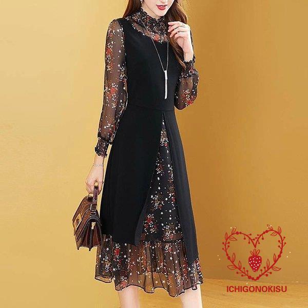 新作先行発売シフォンワンピース 花柄 OL 大きいサイズ 40代 きれいめ 新品 ワンピース 春秋 韓国風 パーティードレス レディース おしゃれ 20代 着痩せ ロング丈 長袖 上品【短納期】