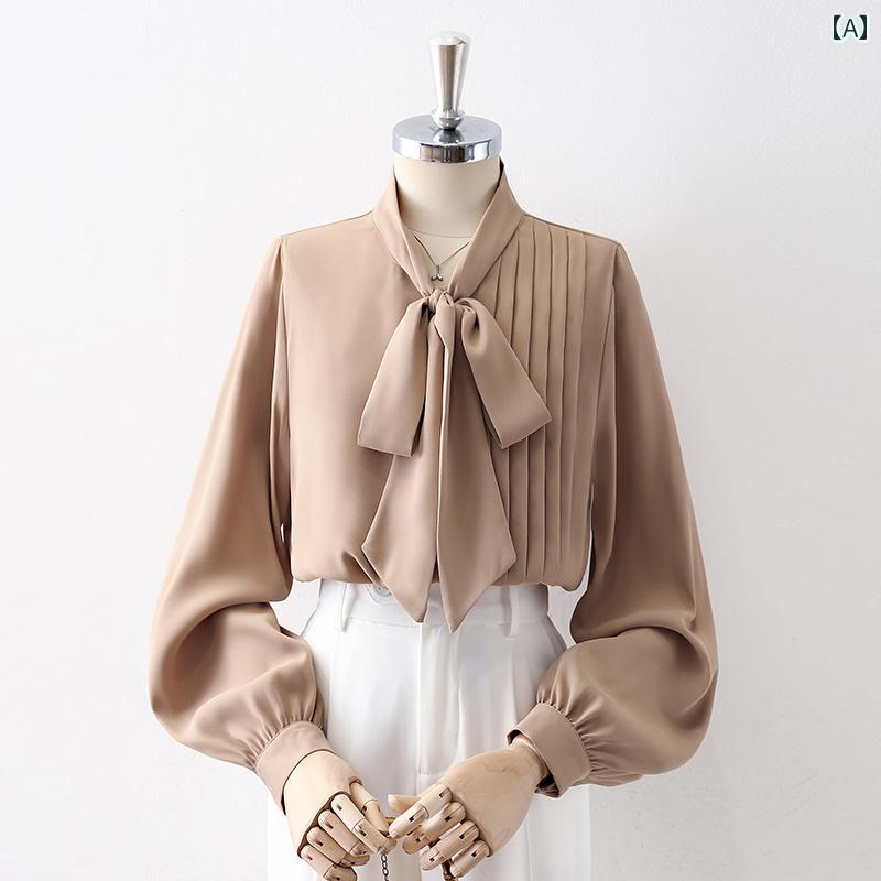 レディース シャツ ブラウス 長袖 春秋 リボン結びタイ アコーディオンプリーツ Vネック 薄茶（モカブラウン） ボタン装飾 シングルブレスト エレガント おしゃれ フェミン きれいめ シック