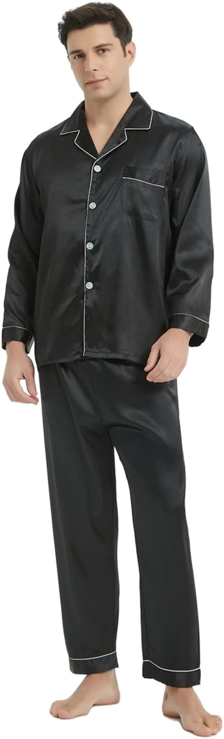 メンズ パジャマ シルク サテン 上下セット ルームウェア 部屋着 長袖 前開き( ブラック, 2XL)