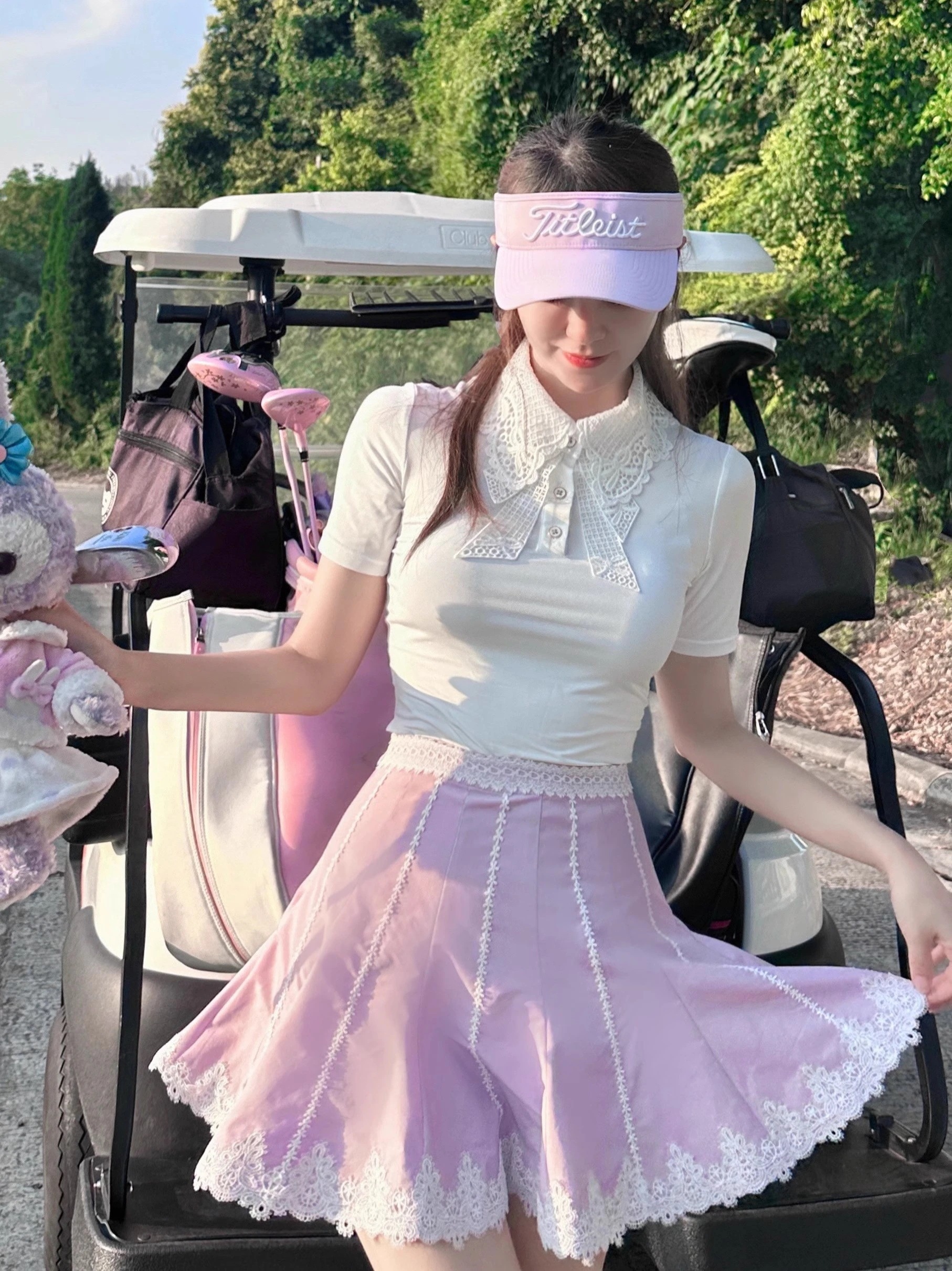 ゴルフウェア 25 上下セット 半袖 Tシャツ ミニスカート レース めっちゃ可愛い 速乾 通気 痩せる レディース 韓国風 ゴルフスカート スポーツ テニスウェア 白 紫158