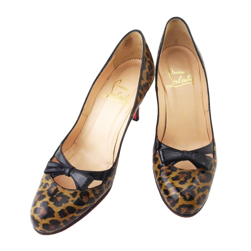 パンプス シューズ 靴 レオパード ヒョウ レディース 35ハーフ ハイヒール ベージュ ブラック ブラウン 中古