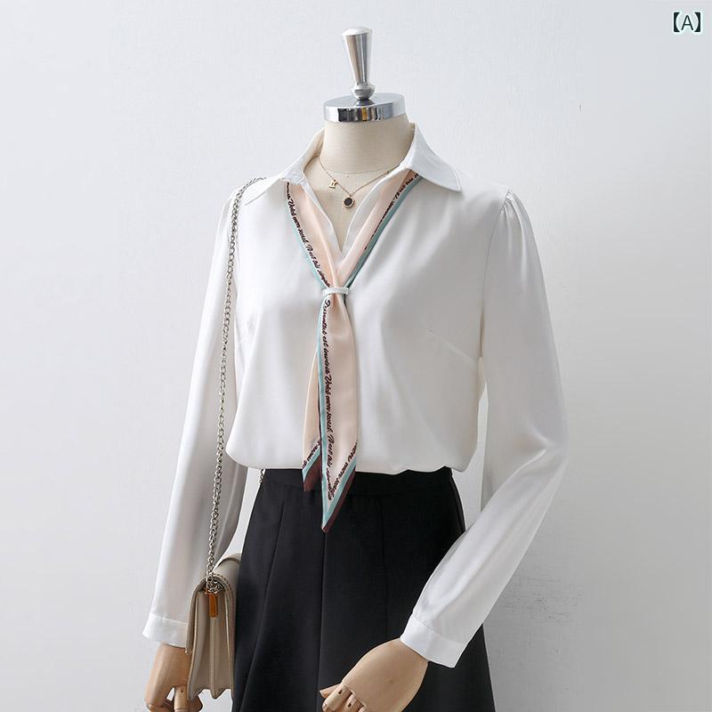 レディース シャツ ブラウス 長袖 春秋 白 スカーフ付き（取り外し可） 開襟シャツ襟 Vネック サテン風 シルキー モダン エレガント フェミニン ミニマル 上品 華やか トレンディ 快適