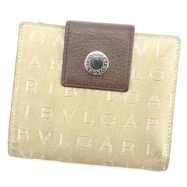 Wホック財布 二つ折り財布 ロゴマニア ベージュ ブラウン シルバー 中古