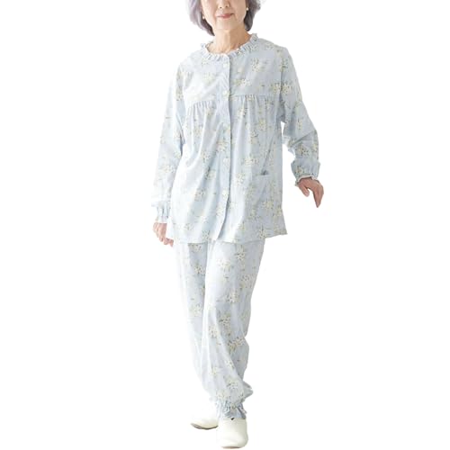 ココロcolor 介護 パジャマ レディース 上下セット 面ファスナー 綿混 フリル サックス(花柄) Ｌ