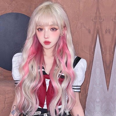 ウィッグコスプレウィッグロリータウィッグ 女性 ロング 巻き毛 プラチナ グラデーション ピンク ハイライト 潮カラー クール ビッグウェーブ フルヘ