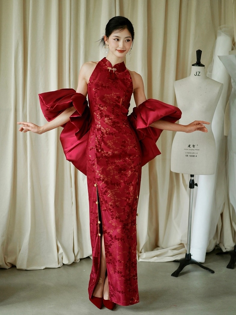新しい中国風「西陵」赤スリム改良チャイナドレスショール花嫁トーストドレス婚約証明書