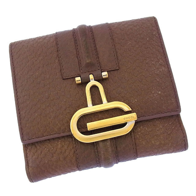 Wホック財布 二つ折り Gマーク ライトブラウン ゴールド 中古