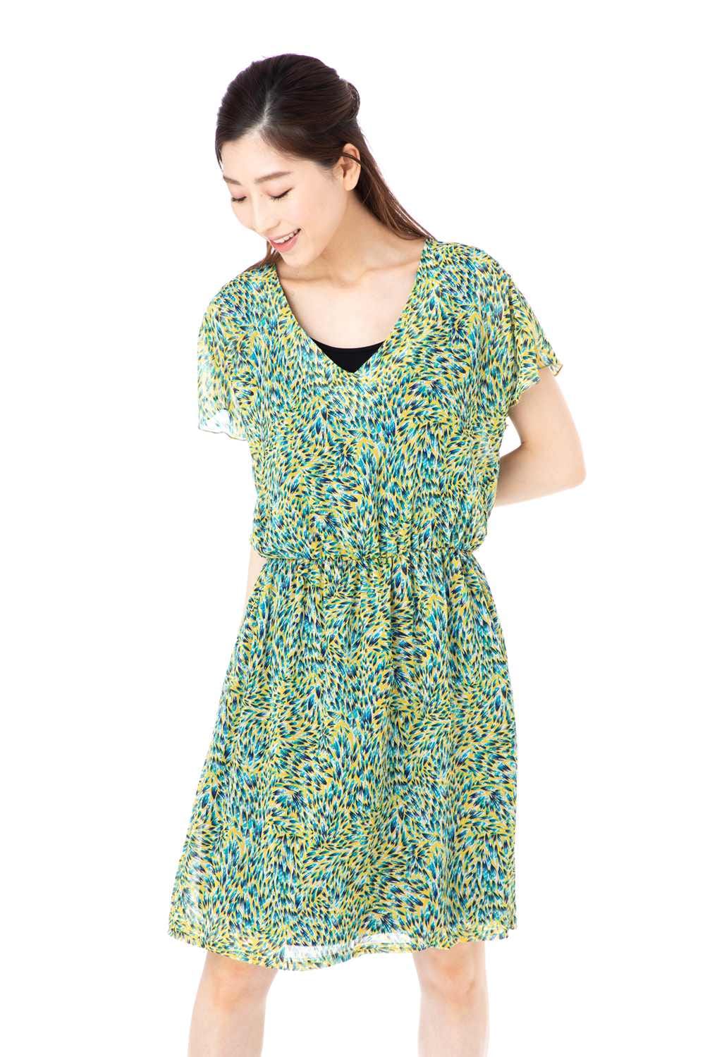 ファス(FAS)ワンピース T1 T2 T3サイズ 半袖 膝丈 プリント柄 Vネック きれいめワンピース レディース Fille A Suivre