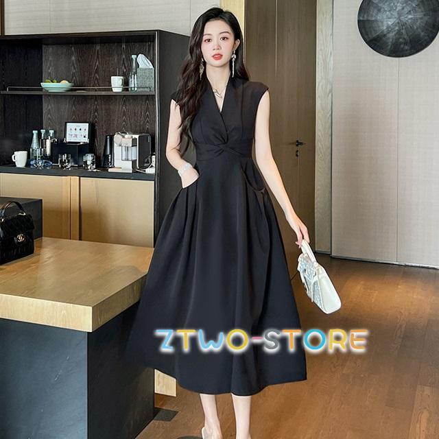ノースリーブ ワンピース 黒 大きいサイズ レディース ワンピース きれいめ 膝丈 ワンピース ミモレ丈 シンプル Vネック カシュクールワンピース