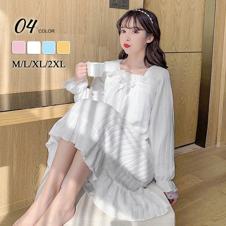 【幸運】ネグリジェ パジャマ ワンピース リボン 長袖 マキシワンピース ロング丈 ウェア 部屋着