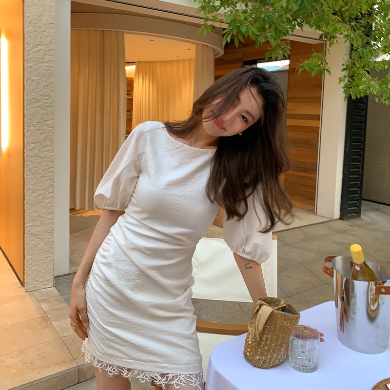 長いxier Lao Qianfeng Tiansi Linen丸いネックドレスレースの女性のためのスプレッチされた半袖テクスチャストレートスカート