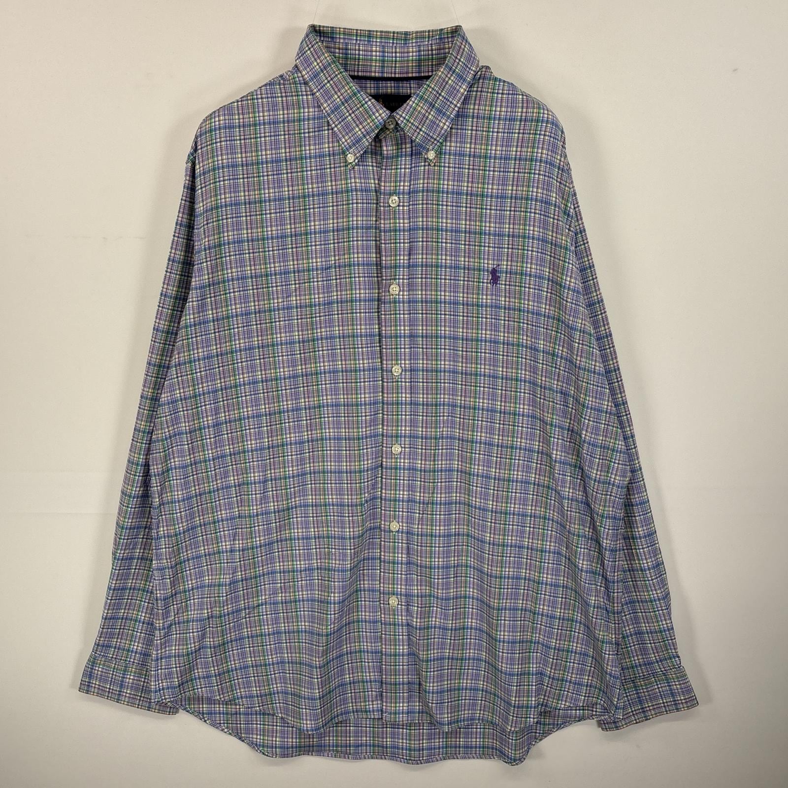 古着 長袖シャツ ボタンダウンシャツ ワンポイント ロゴ 刺繍 大きいサイズ XL パープル系 マルチカラー メンズ
