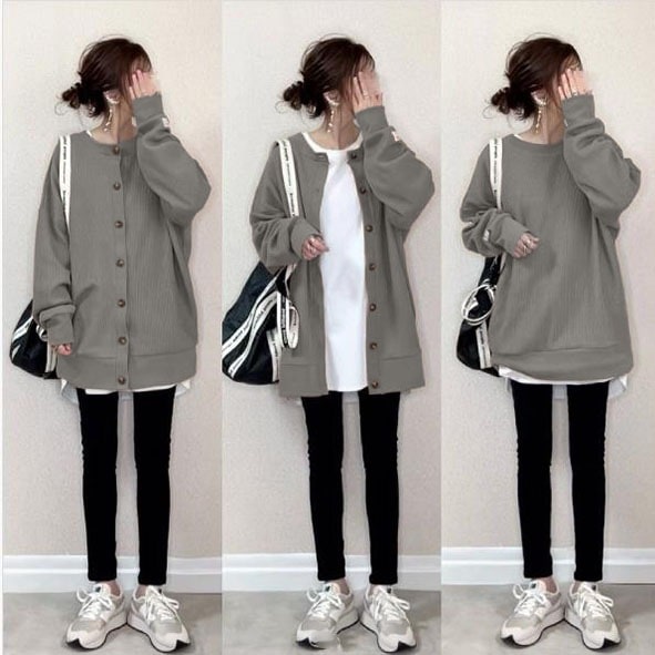 【再入荷予定】無地 長袖 ファッション ボタン ラウンドネック カーディガン 秋 冬 レディース