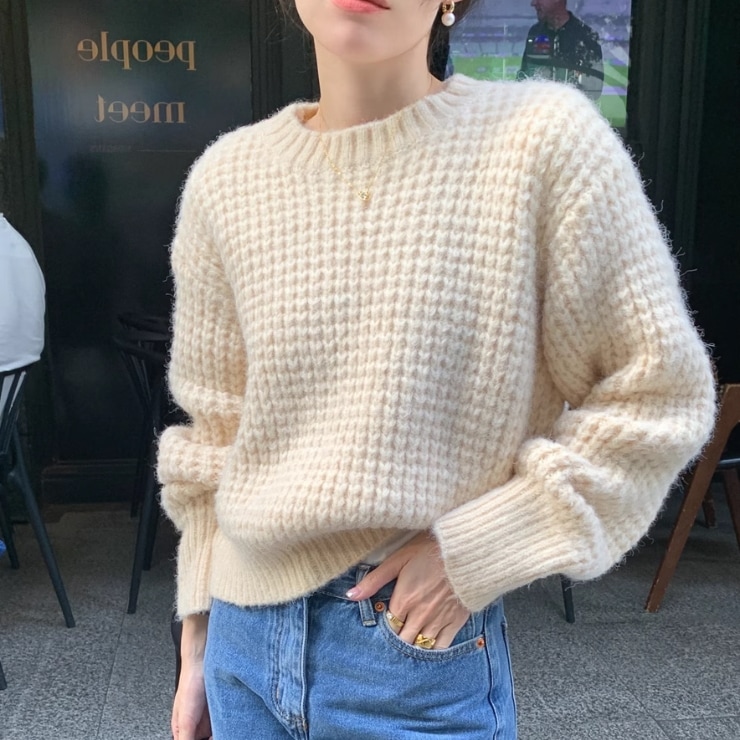 レディース トップス ニット セーター プルオーバー 長袖 萌袖 ラウンドネック ワイド 伸縮性 かわいい 大人可愛い きれいめ シンプル カジュアル 上品 おしゃれ かっこいい レトロ こなれ感