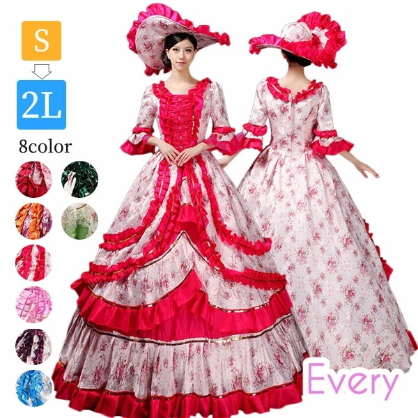 ロングドレス 貴族ドレス お姫様 ドレス 中世ヨーロッパ ステージ アンブレラスリーブ 帽子付き 演奏会 舞台衣装 花柄 貴族風 メルヘン ゴージャス イベント オペラ プリンセスライン 撮影 コスプ