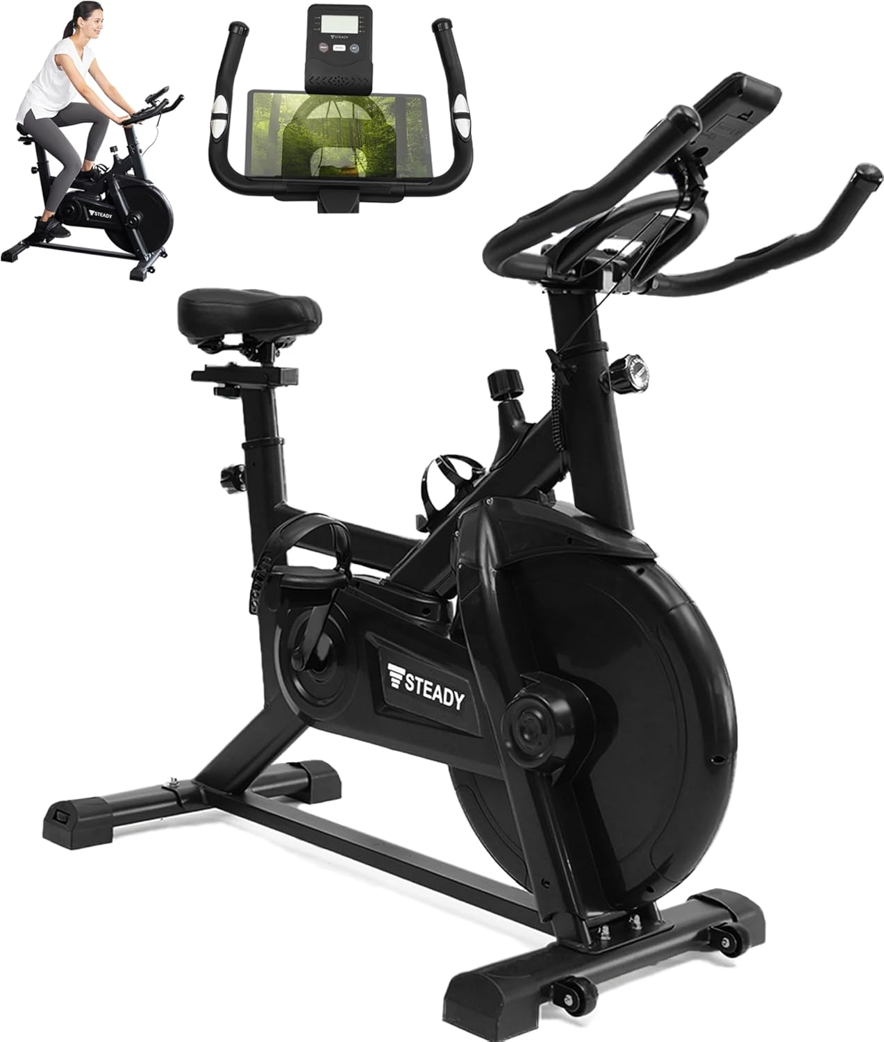 カロリー表示, 速度表示 STEADY スピンバイク【 Designed in Japan 独自開発の非接触式airホイール/静音/専用モニター カロリー表示, 速度表示(心拍数/距離/カロリー/スピ