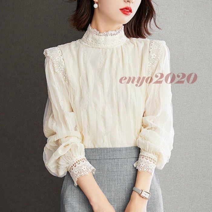 秋冬作ブラウスレディース40春秋冬オシャレブラウスシフォンブラウス花刺繍パフスリーブ長袖トップス大人通勤オフィスシャツ30