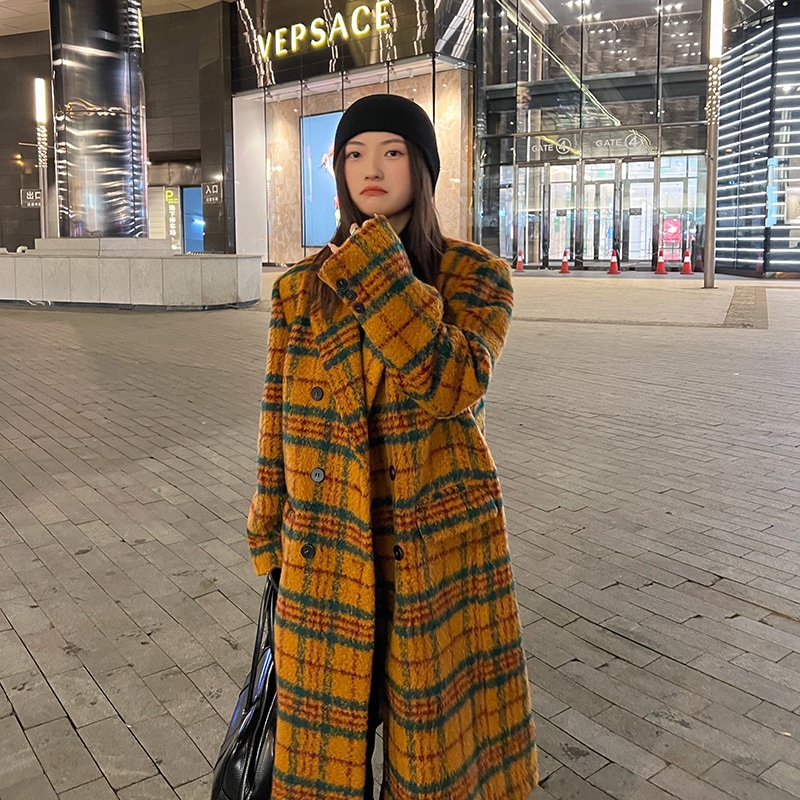 チェック柄チェスターコート チェスターコート. ウールコート ロングコート テーラードコート コート ジャケット アウター ルーズ レトロ ロングオーバーニーコート レディース 格子縞 a4558