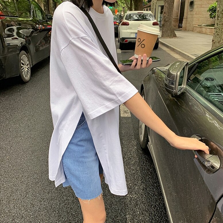 スリット入りTシャツ サイドスリットプルオーバーチュニックTシャツ トップス Tシャツ シャツ チュ