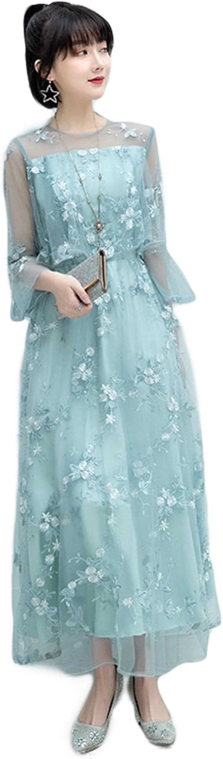 結婚式 ドレス ロング 個性的 Aライン レース 刺繍 ワンピース( アクアブルー, L)