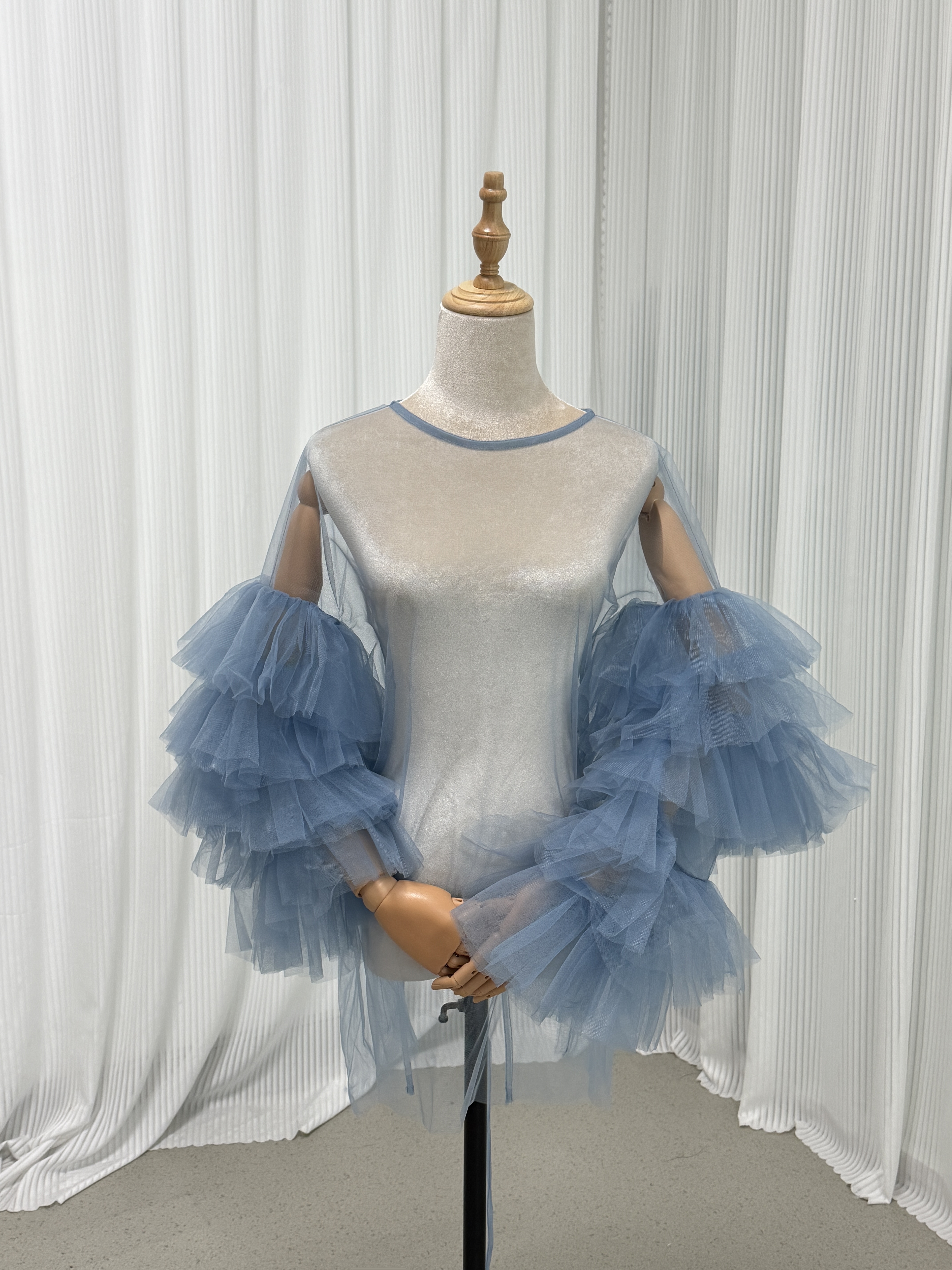 カラードレス ブルー ラウンドネック ビスチェ  ロングスリーブ フリル袖 ソフトチュール トップス