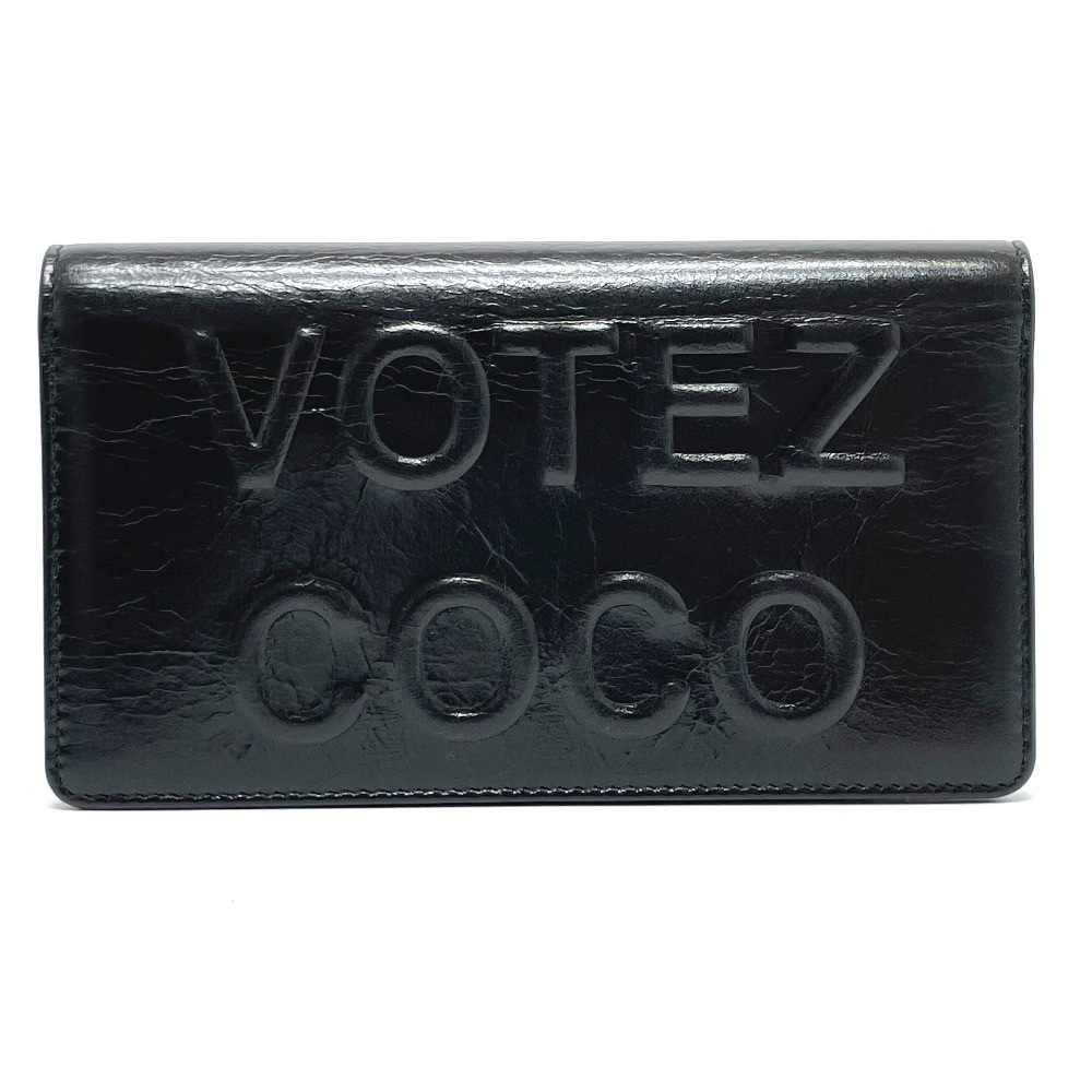 CHANEL2つ折り財布 A82184 ロゴエンボス ヴィンテージ VOTEZ COCO シワ加工 レザー ブラック