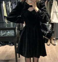 ワンピース 長袖 秋 冬 きれいめ カジュアル かわいい aライン Aライン ワンピドレス ミニ ミニ丈 ショート ショート丈 パフスリーブ 萌袖 Uネック ラウンドネック スリム タイト 細身 スト