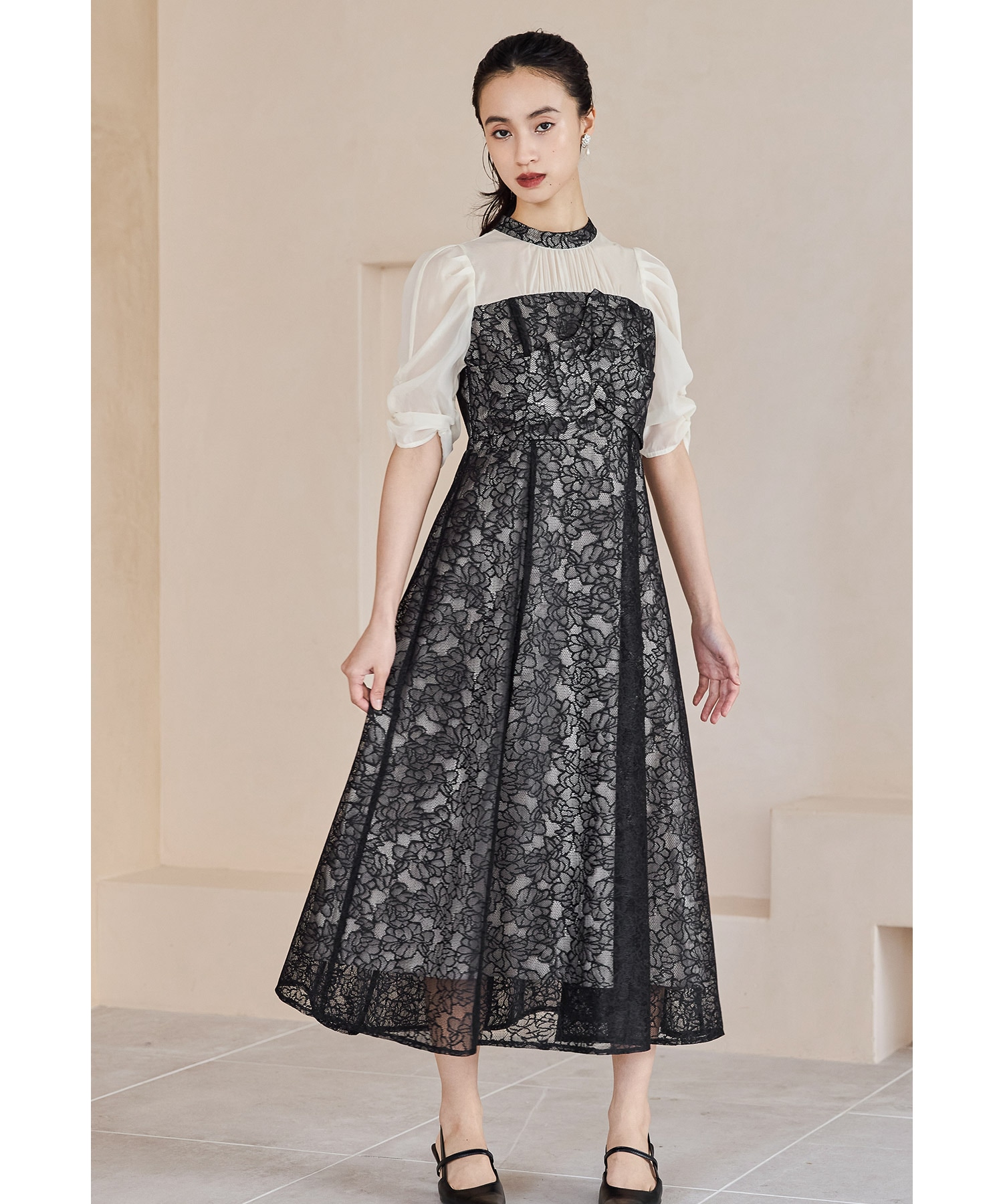 フラワーレースノットデザインドレス パーティードレス 結婚式 ワンピース 花柄 ボリューム袖 半袖 五分袖 フレア お呼ばれ パーティー 二次会 披露宴 謝恩会 成人式 同窓会 卒業式 フォーマル