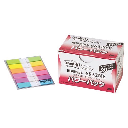 ポストイット ジョーブ 透明見出し パワーパック 44x10mm 6色x20パック 6832NE
