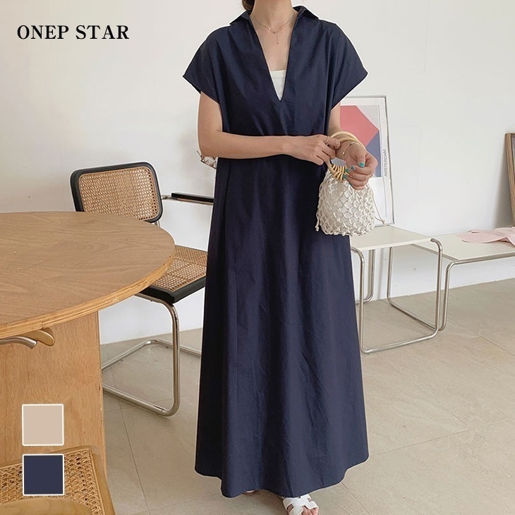 【在庫一掃】ワンピース ロング シンプル 無地 Vネック ワイド マキシ丈 マキシ 大人 きれいめ カジュアル 半袖 二腕カバー 体型カバー ゆったり レディースファッション 20代 30代 40代