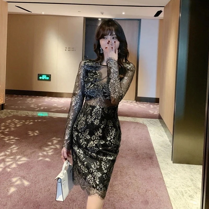 セクシー ドレス レース 秋冬 女性 フォーマル シアー 透明 チュール パーティードレス キャバ 同窓会 結婚式 披露宴 卒業式 演奏会 二次会 発表会