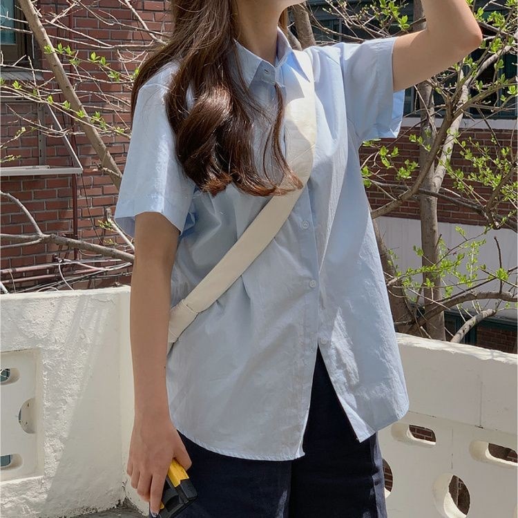 ライトブルー シャツ レディース 半袖 ゆったり 細見え ファッション 学生 シャツ 春夏 薄手 トップス301258