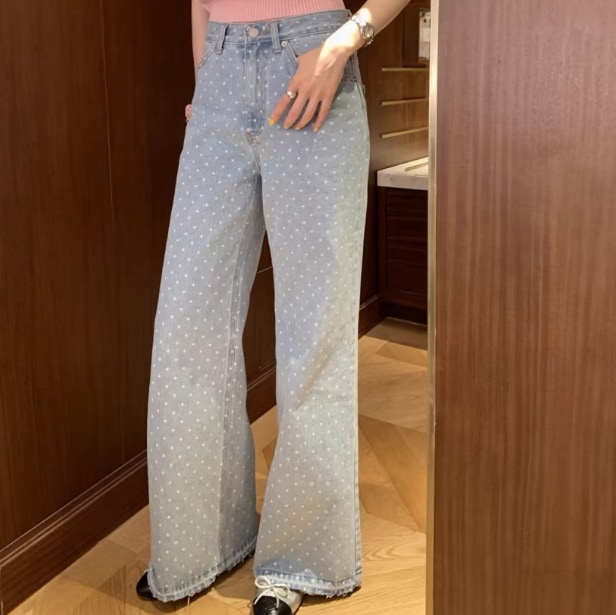 ハイウエストデニム ワイドパンツ ドット柄 デニム 春 カジュアル お出かけ トレンド デート
